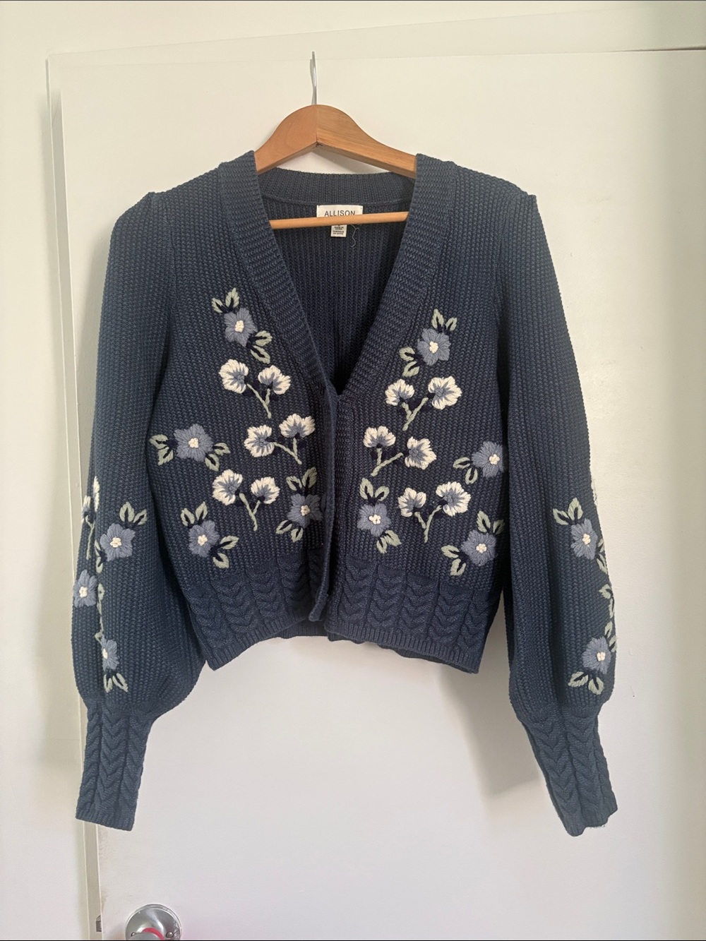 Navy Floral V-Neck Embroidered Cardigan